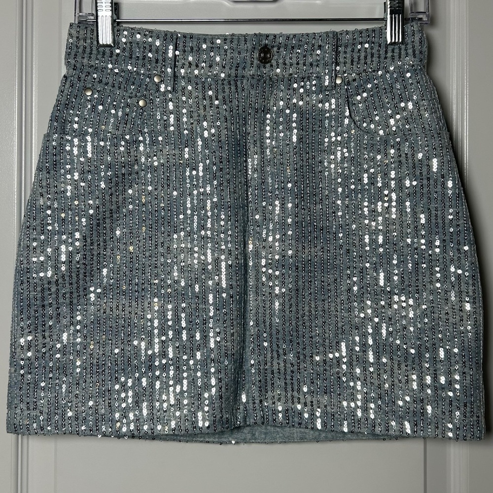 Walter‎ Baker Silver Sequin Blue Denim Mini Skirt Y2K Festival Euphoria Style